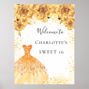 Sweet 16 gold white dress florals party welcome poster