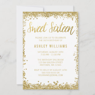 Sweet 16 Gold White Faux Glitter Birthday Invitation