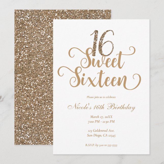 Sweet 16 Gold & White Glitter Birthday Party  Invitation (Front/Back)