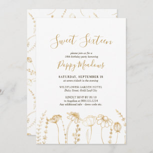 Sweet 16 Gold Wildflower Sketch 16th Birthday Invitation