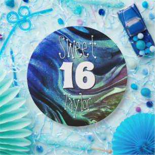 Sweet 16 Green & Blue Marble Personalised Paper Plate