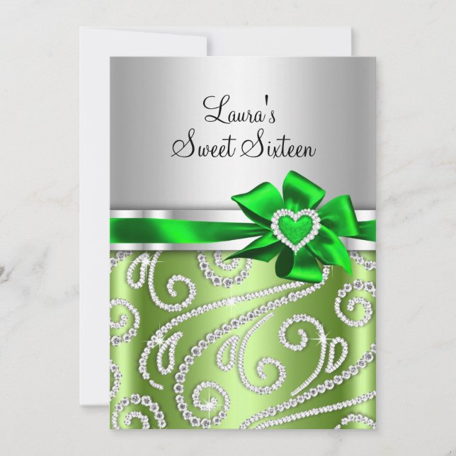 Sweet 16 Green Bow & Sparkle Diamond Announcements (Front)