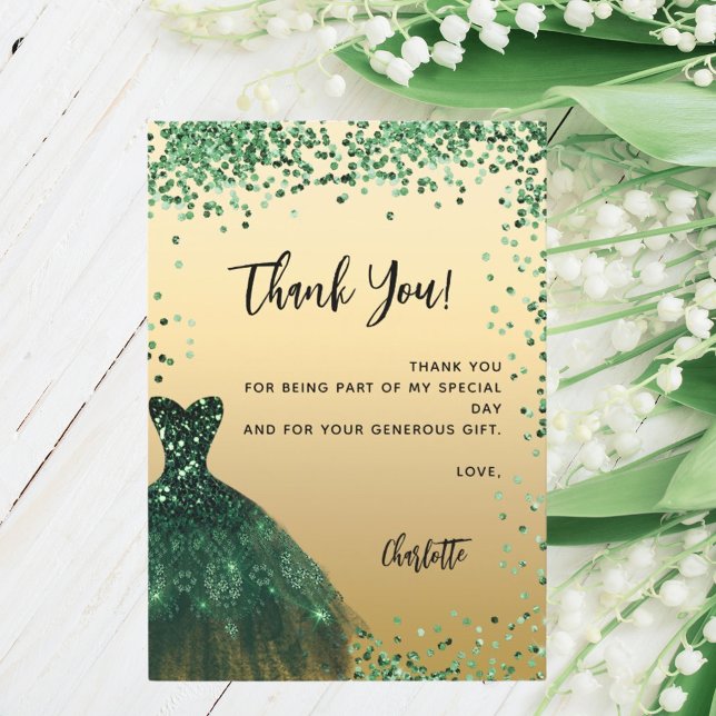 Sweet 16 green dress confetti thank you card (Creator Uploaded)