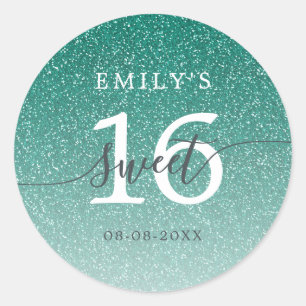 Sweet 16 Green Glitter Ombre Custom Name Date Classic Round Sticker