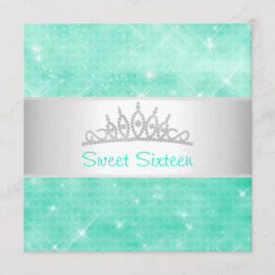 Sweet 16 Green Glitter Silver Jewel Tiara Party 16 Invitation