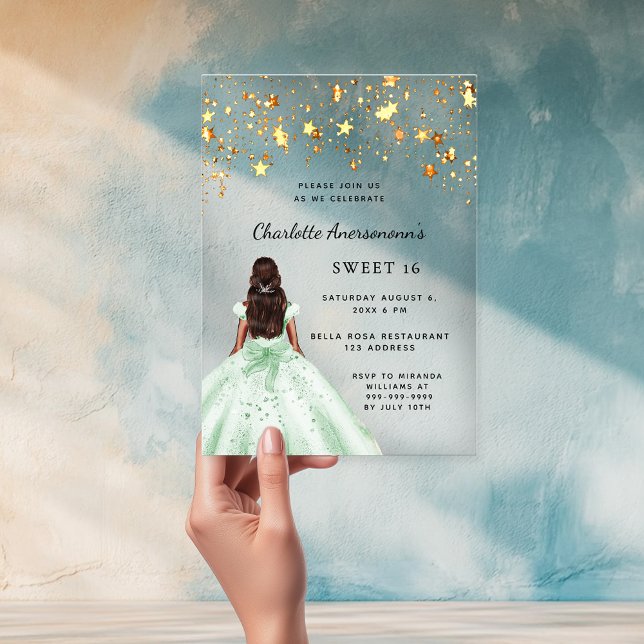 Sweet 16 green gold dress stars clear acrylic invitations (Creator Uploaded)