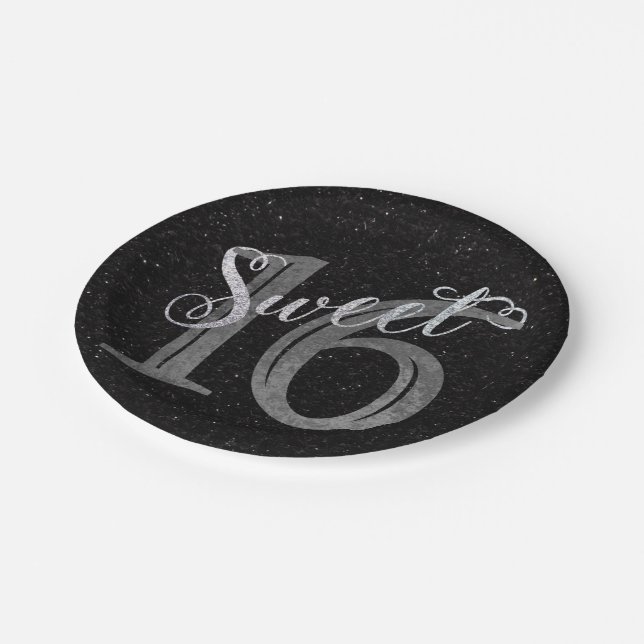 Sweet 16 | Grey Grunge and Faux Silver Glitter Paper Plate (Angled)