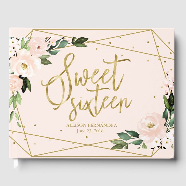 Sweet 16 Guest Book Gold Foil Blush Pink Floral  (Front)