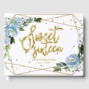 Sweet 16 Guest Book Gold Foil Dusty Blue Floral