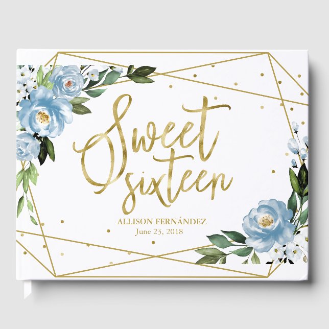 Sweet 16 Guest Book Gold Foil Dusty Blue Floral  (Front)