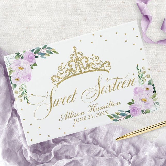 Sweet 16 Guest Book Gold Tiara Lavender Floral (Creator Uploaded)