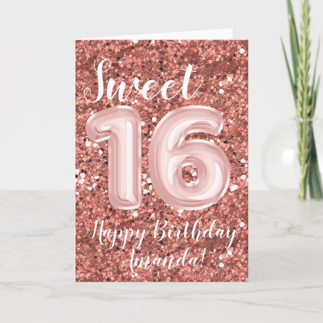 Sweet 16 Happy Birthday Custom Rose Gold Card (Front)