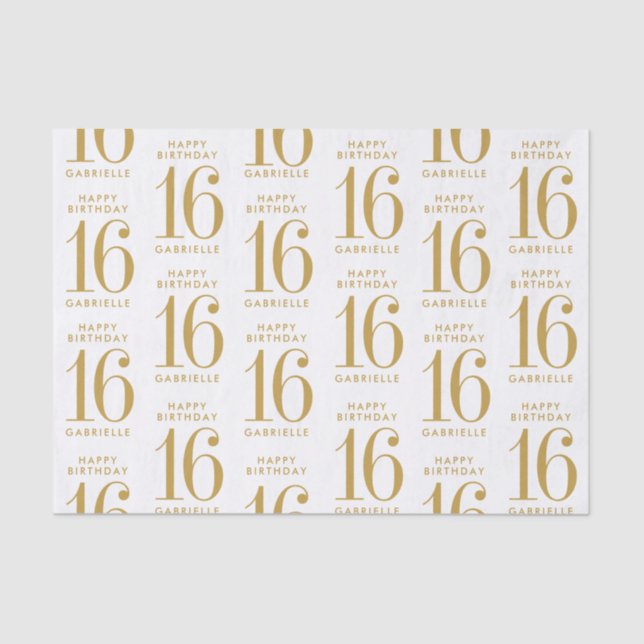 Sweet 16 Happy Birthday Gold Name and Age Tissue Paper (Front)