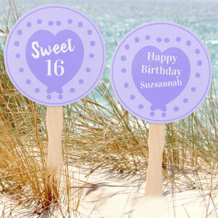 Sweet 16 Happy Birthday Purple Heart Personal Name Hand Fan