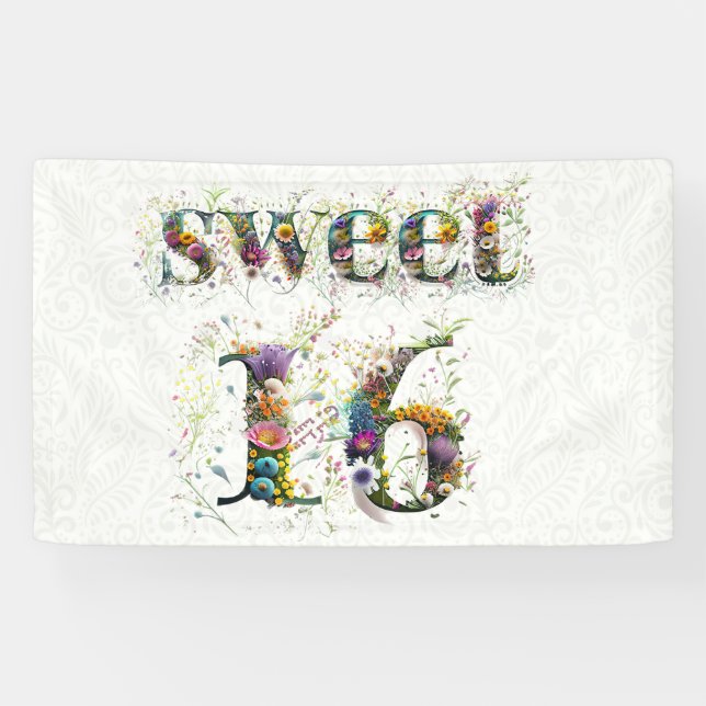 Sweet 16 Happy Birthday Wildflowers Text Banner (Horizontal)
