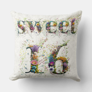Sweet 16 Happy Birthday Wildflowers Text Cushion