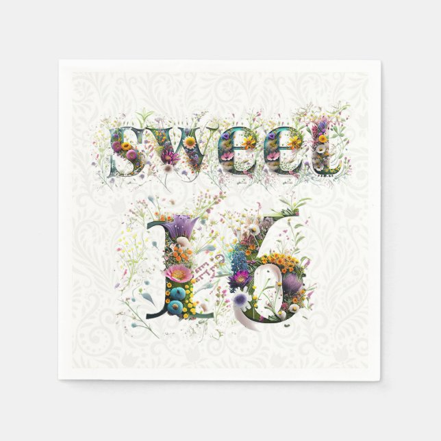 Sweet 16 Happy Birthday Wildflowers Text Napkin (Front)