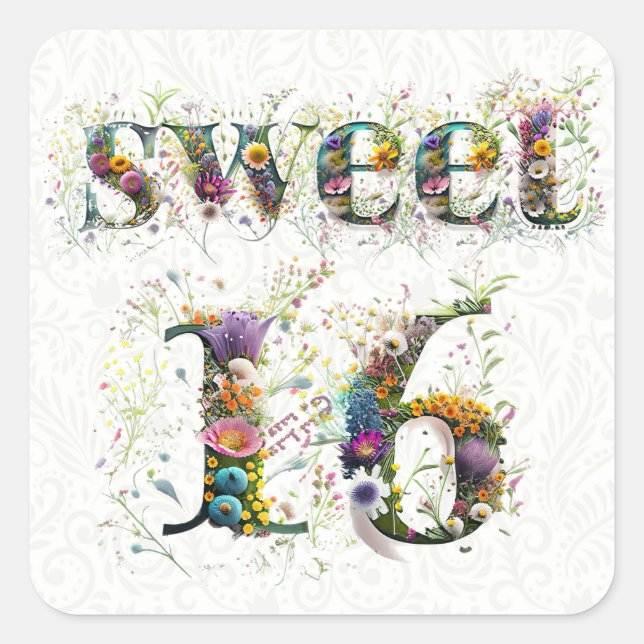 Sweet 16 Happy Birthday Wildflowers Text Square Sticker (Front)