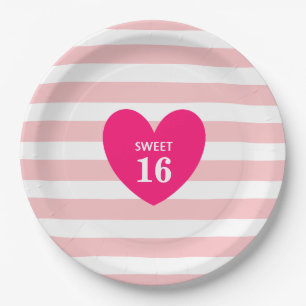 Sweet 16 Heart on Pink & White Striped  Paper Plat Paper Plate