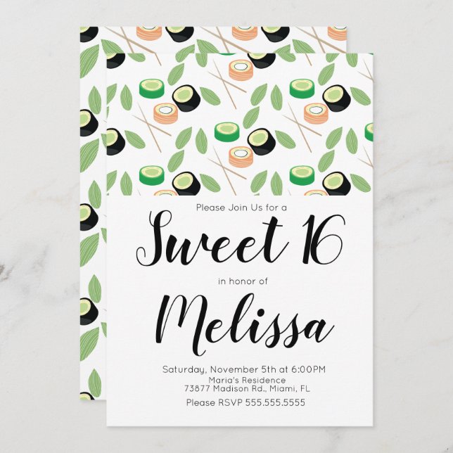 Sweet 16 Hibachi Grill Sushi Rolls Restaurant Invitation (Front/Back)