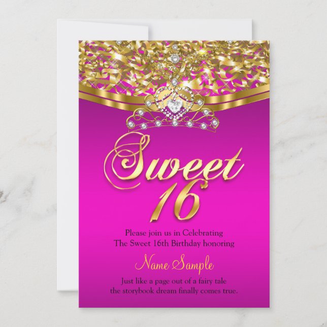 Sweet 16 Hot Pink Birthday Party Glitter Gold Invitation (Front)