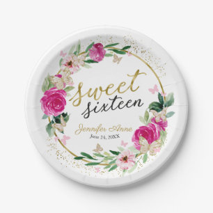 Sweet 16 Hot Pink Floral Butterfly Paper Plate