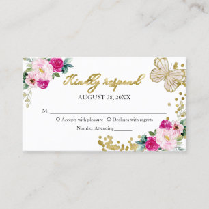 Sweet 16 Hot Pink Floral Butterfly RSVP Enclosure Business Card