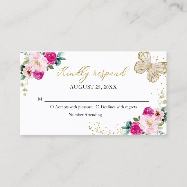 Sweet 16 Hot Pink Floral Butterfly RSVP Enclosure Business Card (Front)