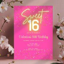  Sweet 16 Hot Pink Neon Glow Gold Glitter Birthday