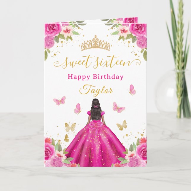 Sweet 16 Hot Pink Princess African American Girl Card (Front)