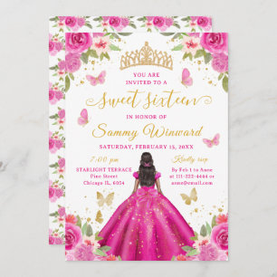 Sweet 16 Hot Pink Princess African American Girl Invitation