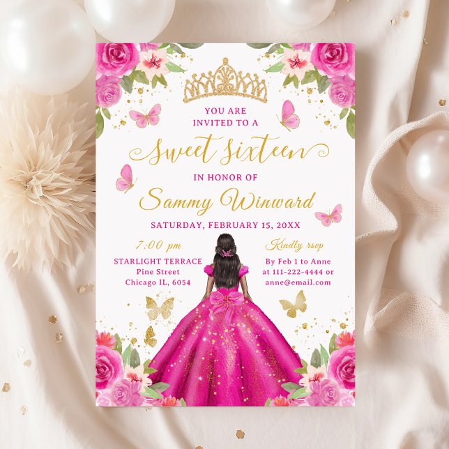 Sweet 16 Hot Pink Princess African American Girl Invitation (Creator Uploaded)
