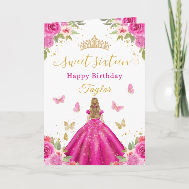 Sweet 16 Hot Pink Princess Blonde Girl Card (Front)