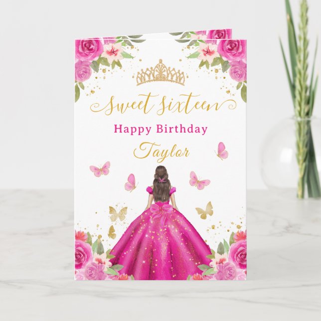 Sweet 16 Hot Pink Princess Brunette Girl Card (Front)