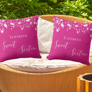 Sweet 16 hot pink white stars name cushion