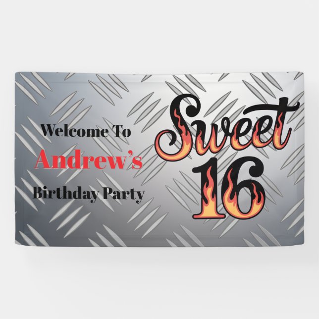Sweet 16 In Fire Flames and Silver Plate  Banner (Horizontal)