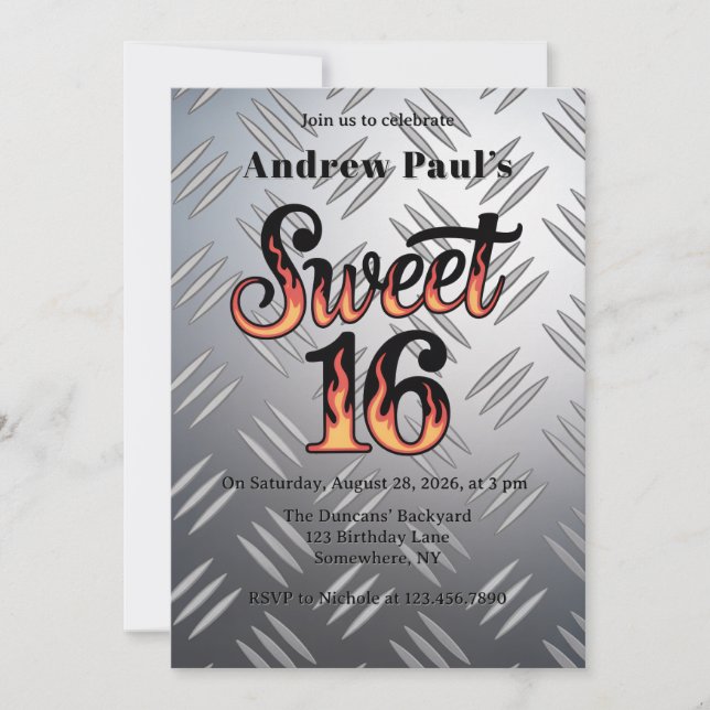 Sweet 16 In Flames and Silver Plate Birthday Party Invitation (Front)