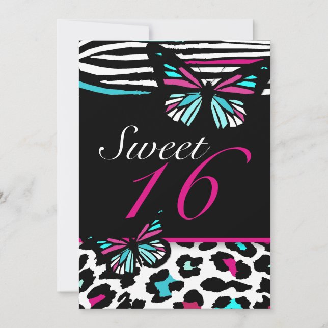 Sweet 16 Invitation Bright Butterfly & Zebra Print (Front)