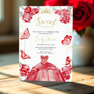 Sweet 16 Invitation Butterfly Red Dress Floral