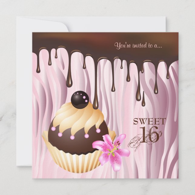 Sweet 16 Invitation Chocolate Cupcake Pink 2 (Front)