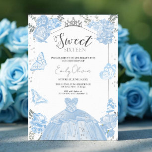  Sweet 16 Invitation   Dusty Blue Dress Butterfly 
