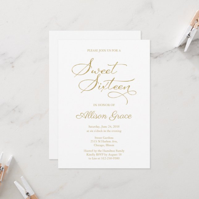 Sweet 16 Invitation Elegant Gold Calligraphy (Front/Back In Situ)