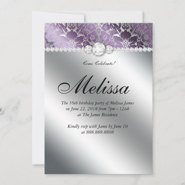 Sweet 16 Invitation Floral Damask Purple Silver (Front)