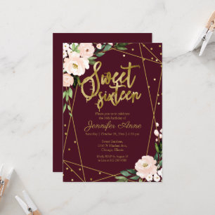 Sweet 16 Invitation Gold Burgundy Blush Floral