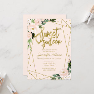 Sweet 16 Invitation Gold Foil Pink Blush Floral