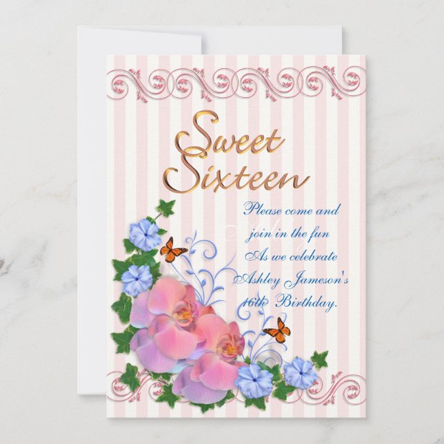 Sweet 16 invitation orchids and stripes (Front)