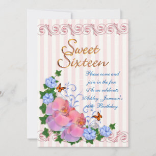 Sweet 16 invitation orchids and stripes