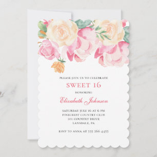 Sweet 16 invitation. Pink flowers 16th birthday Invitation