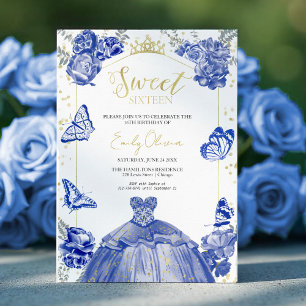  Sweet 16 Invitation Royal Blue Dress Butterfly 