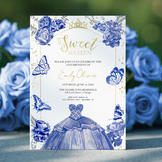  Sweet 16 Invitation Royal Blue Dress Butterfly  (Creator Uploaded)
